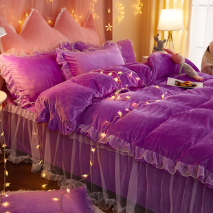 秋冬加厚加绒双面绒四件套韩式公主少女心蕾丝床品牛奶水晶绒被套