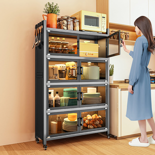 钢化玻璃带门厨房置物架落地多层带柜门储物柜子锅具收纳柜锅架子