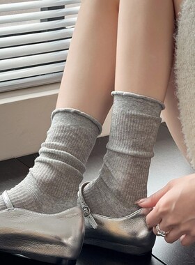 JK灰色小腿袜女春夏季薄款花边甜美白色袜子荷叶边黑色堆堆中筒袜