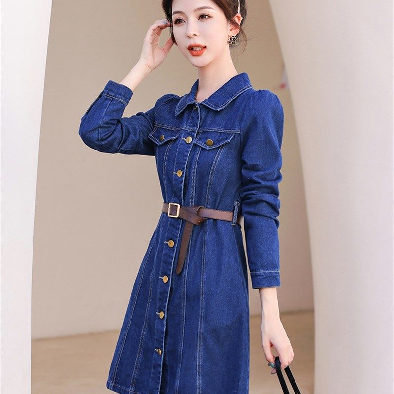 复古收腰牛仔连衣裙2023春季新款气质显瘦高腰长袖a字短款裙子女