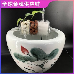 荷花缸圆形陶瓷鱼缸过滤器三合一鱼盆圆缸上置过滤盒滴流槽大小型