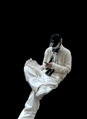 WIDE VIBES自主打褶复古宽松直筒拖地米白色复合面料西裤秋冬男女