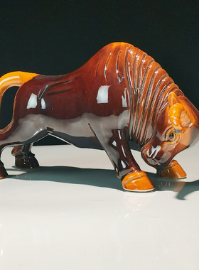 唐三彩陶瓷牛橙色动物大号摆件风水招财办公室家居新中式精致装饰