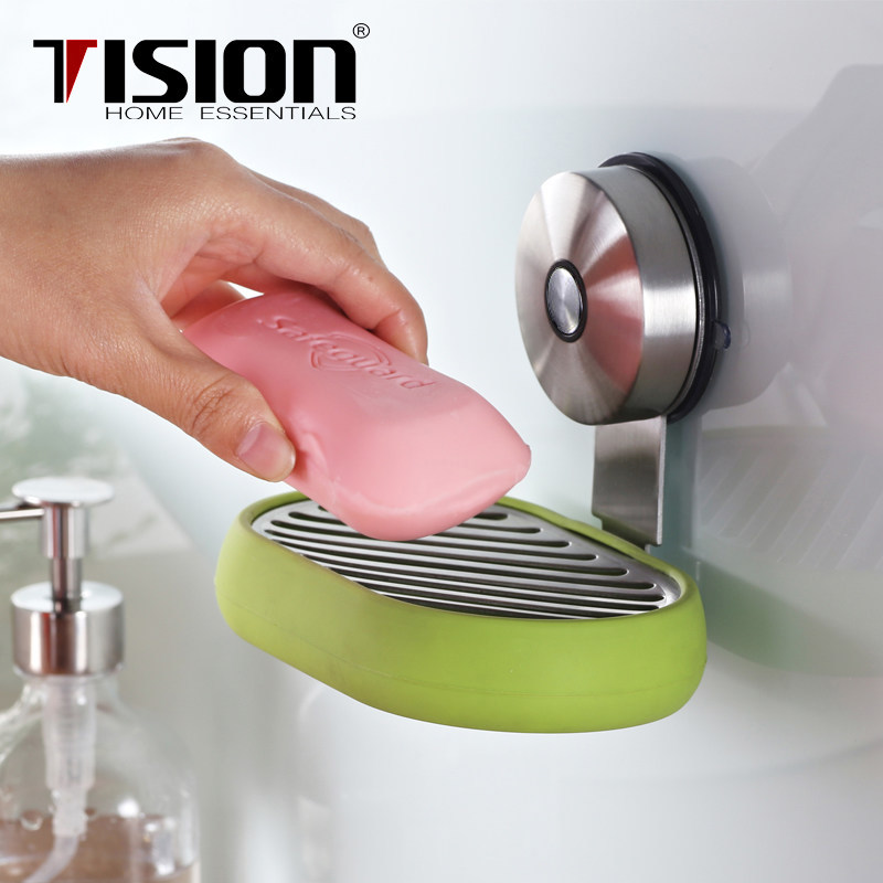 TISION不锈钢吸盘肥皂盒免打孔香皂架沥水创意圆形洗脸研磨肥皂架
