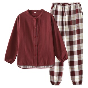 酒红色睡衣女款长袖纯棉纱布本命年春秋夏季宽松家居服格子睡裤