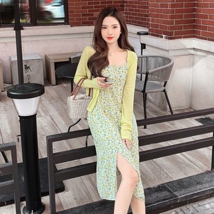 绿色碎花吊带裙夏小清新两件套裙装甜美连衣裙度假森系田园风裙子