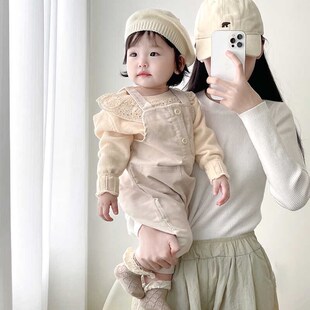 女童春秋季长袖花边针织毛衣套装婴儿灯芯绒背带裤子宝宝连体长裤