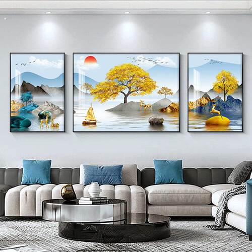 客厅装饰画山水画挂画大气高端沙发背景墙壁画现代简约家庭三联画