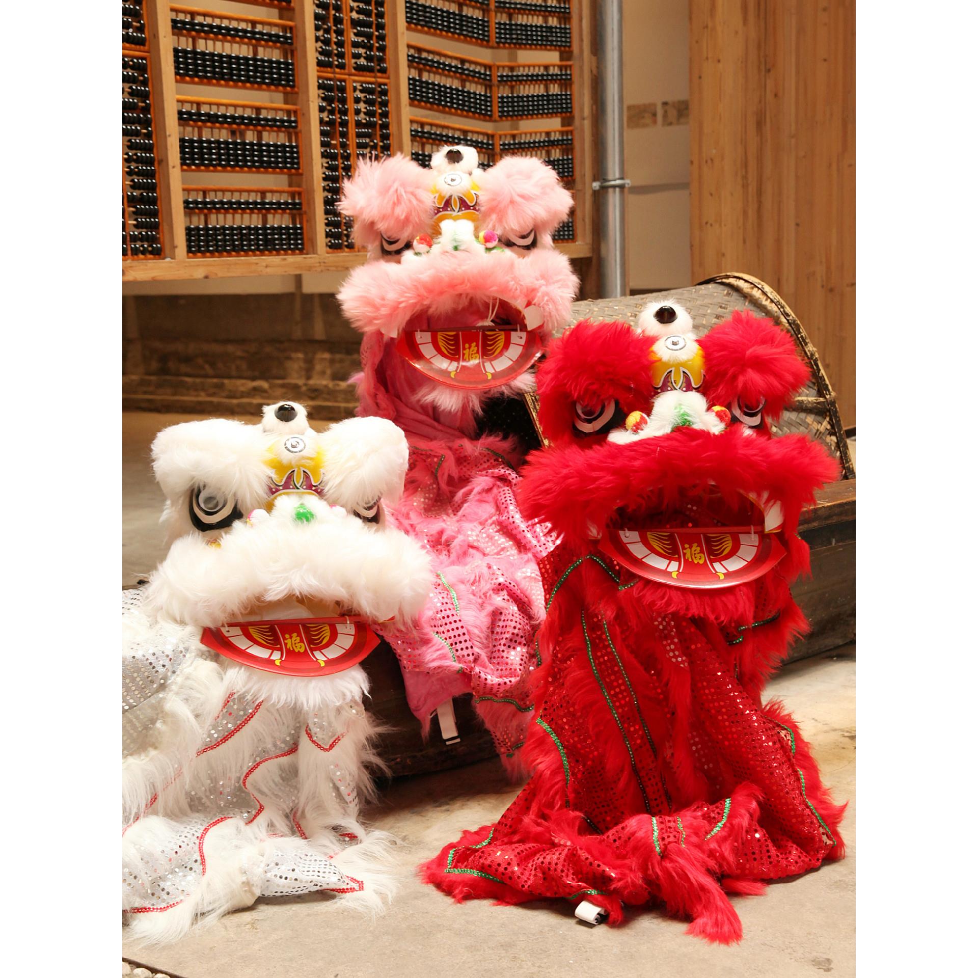 二人舞狮少年眼睛可眨眼雄狮南师红色带尾巴非遗羊毛醒狮子头摆件