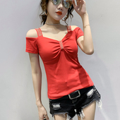 新款 性感V领T恤女短袖 2020夏装 洋气钉珠露肩锁骨上衣心机设计感潮