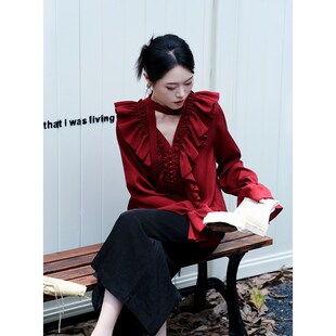 鹿与玫瑰新中式长袖衬衫女士气质复古设计感订婚领证红色上衣套装
