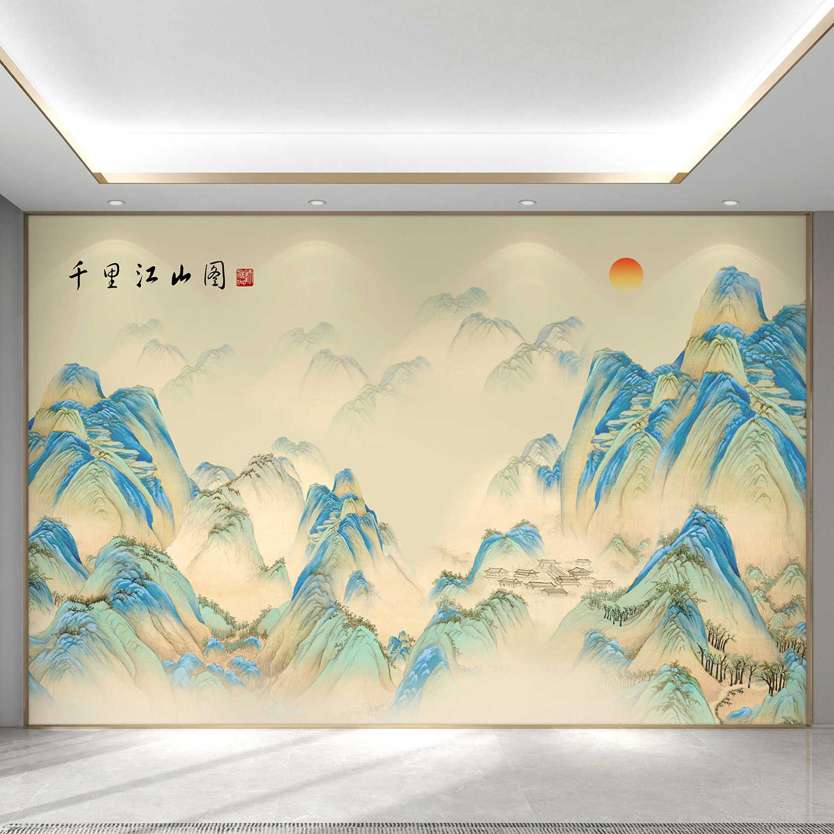 千里江山图电视背景墙布定制中式山水壁画宋氏美学客厅影视壁纸
