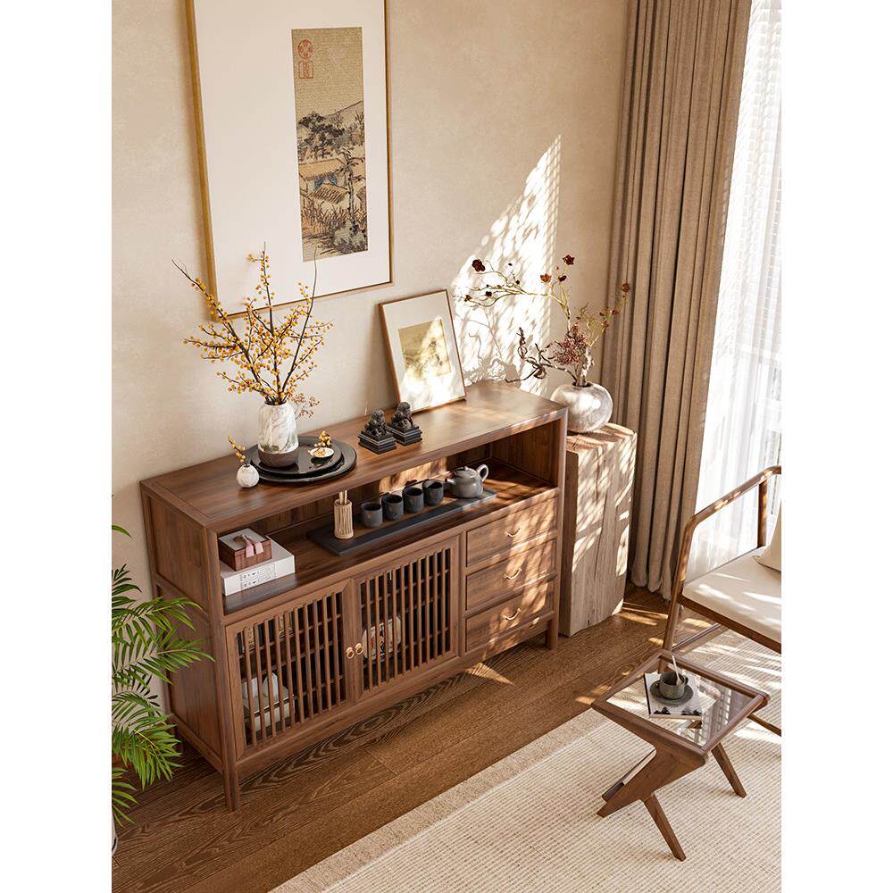 新中式餐具柜实木收纳架老榆树家居客厅实木茶柜茶室多功能侧柜