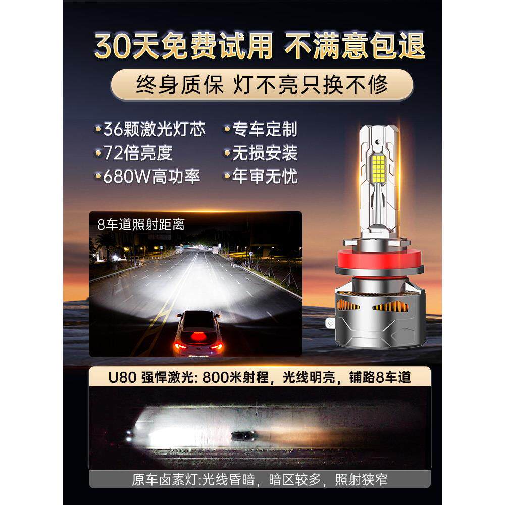 汽车Led激光前大灯双焦点镜头改装H4强光远光灯和远光灯集成汽车