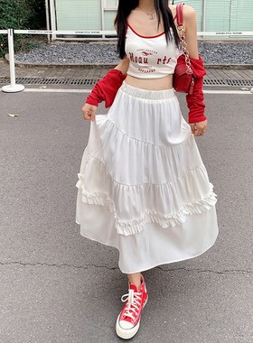 KRO复古甜美百搭蛋糕裙2024新款设计感A字裙垂感休闲白色长裙