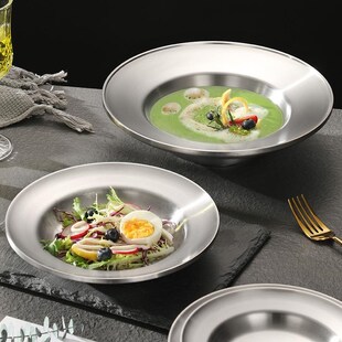盘圆盘菜盆盘家用面碗水煮鱼汤盘平底不锈钢盘盘草帽飞碟西餐加深
