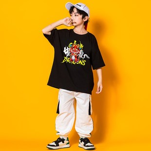 国潮儿童嘻哈宽松街舞套装工装裤女童爵士舞服装男童架子鼓演出服