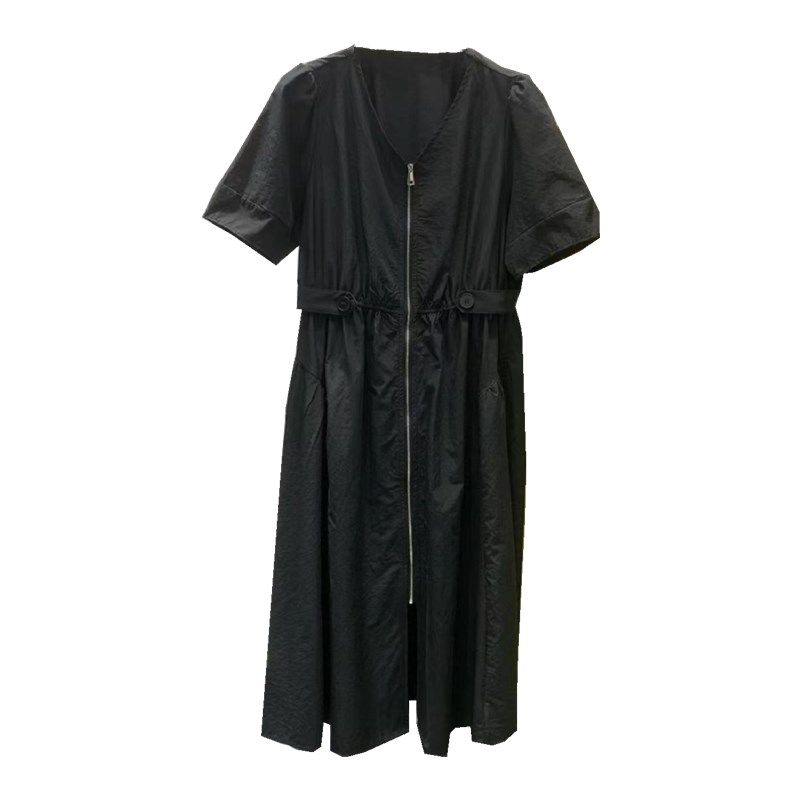 法式V领短袖拉链开衫衬衫连衣裙女2024夏季新款高腰显瘦A字中长裙