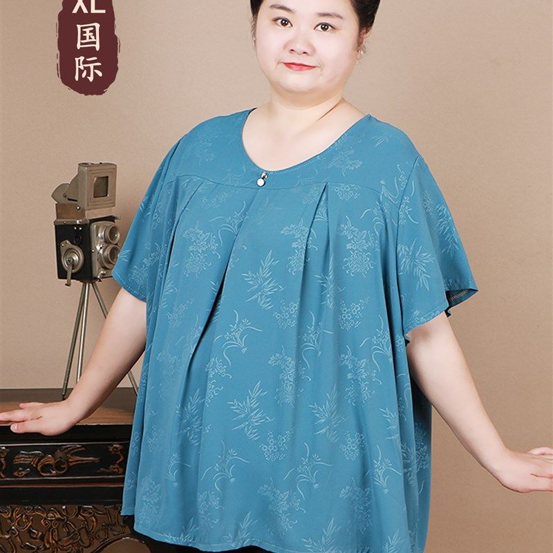 200斤胖奶奶短袖夏装中老年加肥加大码上衣服女妈妈休闲宽松T恤衫