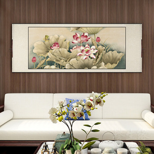 荷花新中式卷轴挂画客厅装饰画卧室床头画餐厅书房沙发背景墙壁画