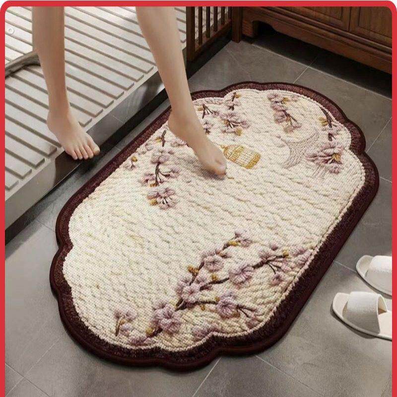 新中式古风简约彷亚麻毛线编织浴室化妆室吸水防滑耐脏地垫脚垫