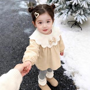 罩衣女宝宝外穿防脏洋气好看反穿衣女童蝴蝶结长袖加厚公主连衣裙