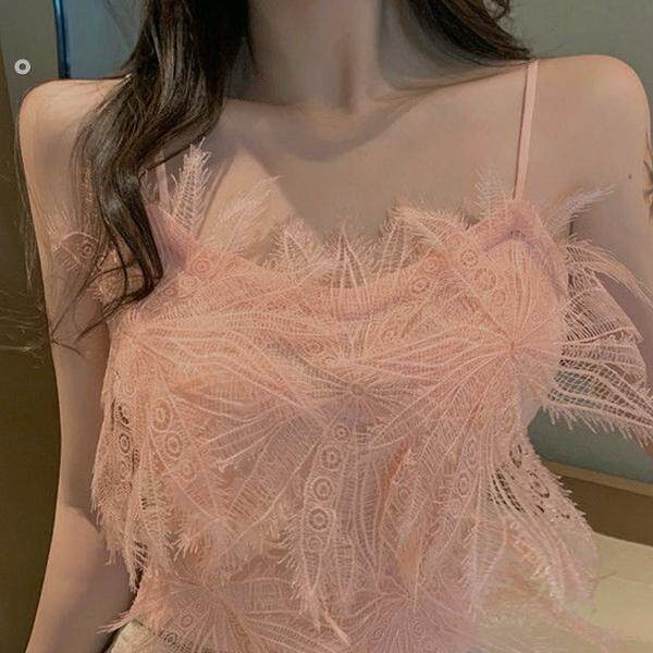 2024夏季新款超仙设计感流苏羽毛短款小吊带背心女外穿内搭上衣潮