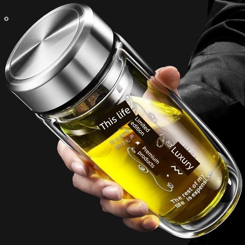 双层中空钢化玻璃杯，隔热水杯，男士茶水分离，202防摔耐高温图片