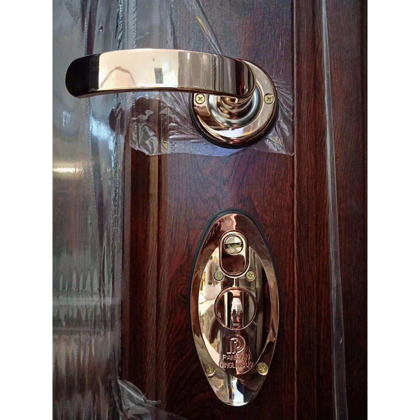 盼盼一品清林防盗门金扣子拉手面板双锁孔20齿轮分体金色方元宝