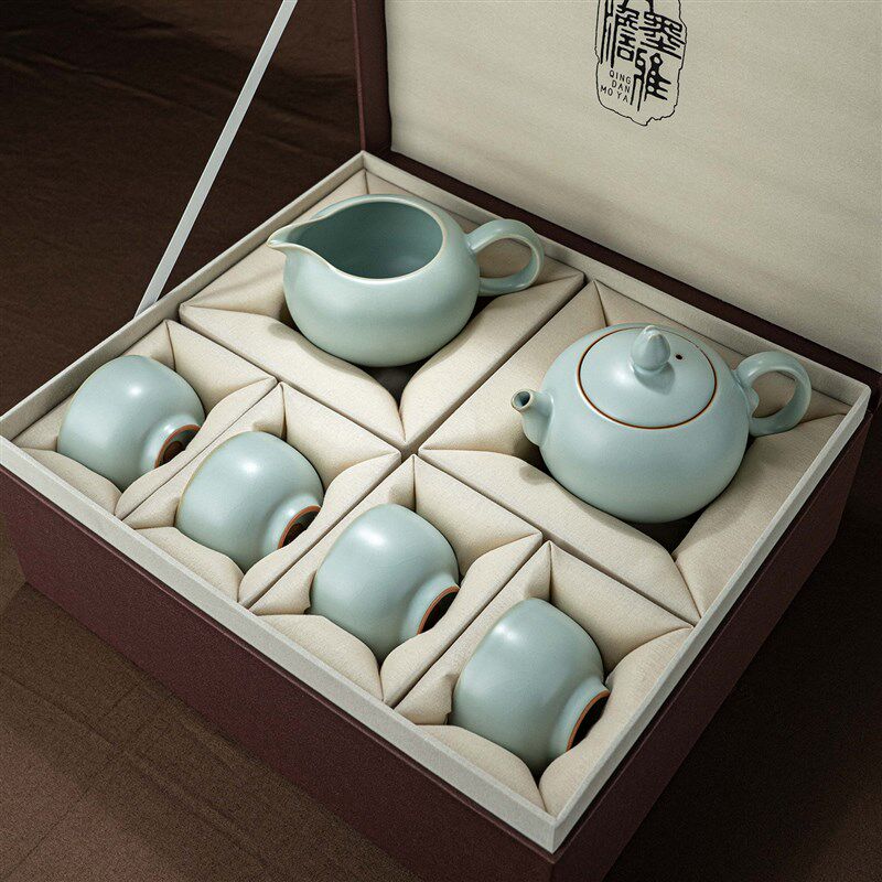 汝窑功夫茶具套装茶壶套装家用泡茶客厅景德镇陶瓷汝瓷开片礼盒装