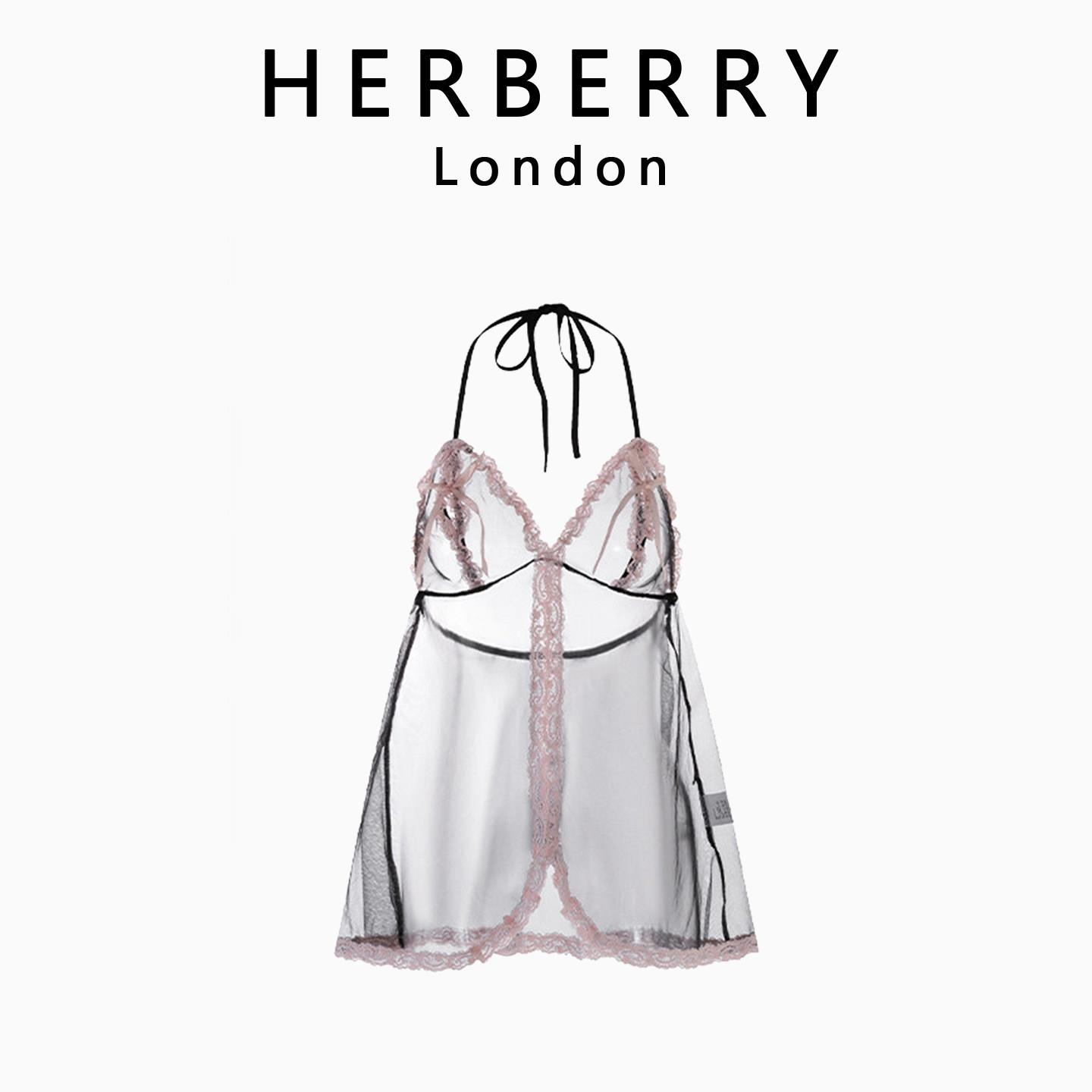 英国 HERBERRY 挂脖镂空细带蕾丝花边纯欲透视网纱前扣吊带睡裙女