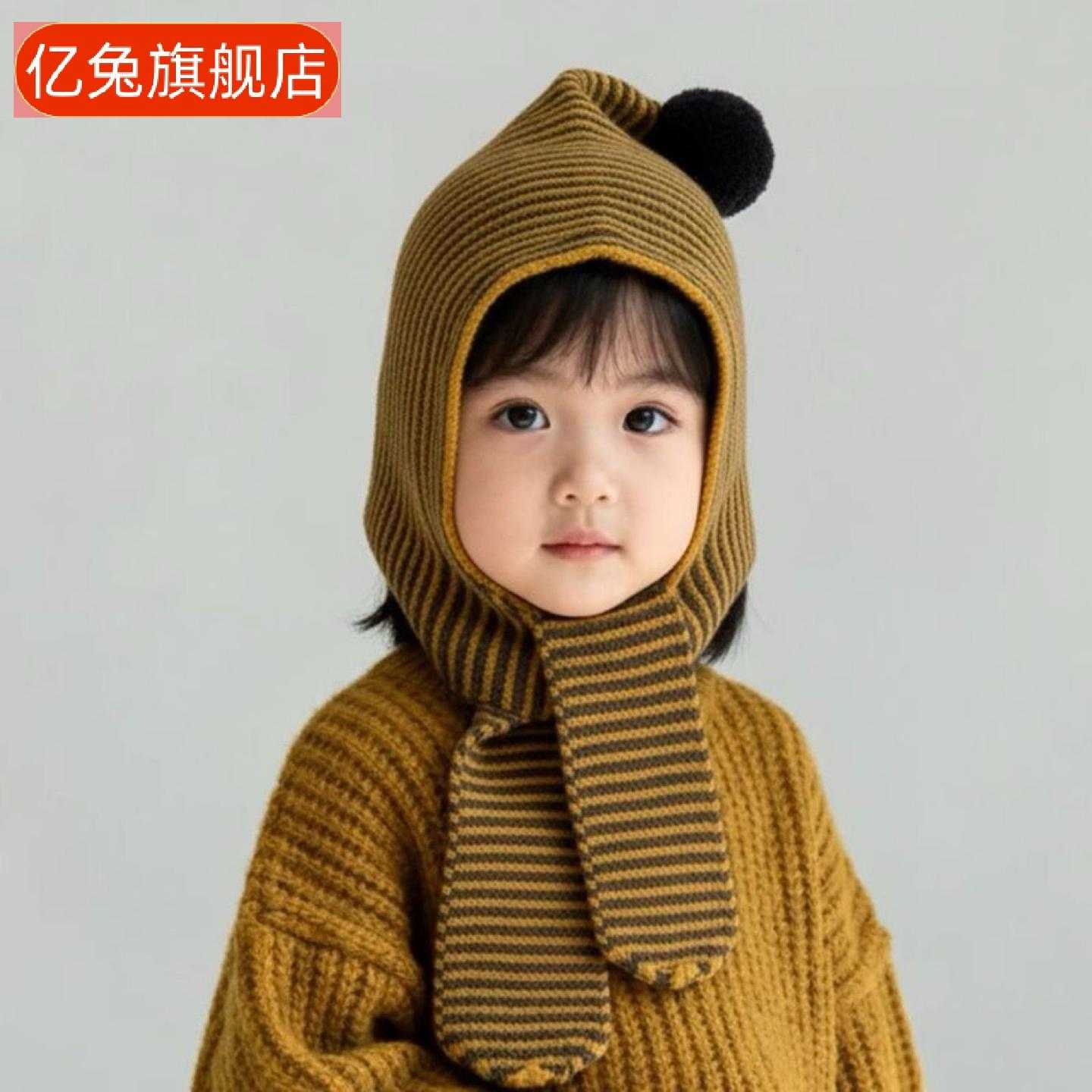 儿童帽子围巾一体帽秋冬季男童女童针织帽毛线帽护耳帽宝宝保暖帽