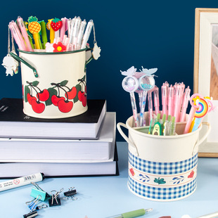 创意铁艺笔筒大容量可爱学生书桌收纳盒儿童女孩日系化妆刷桶