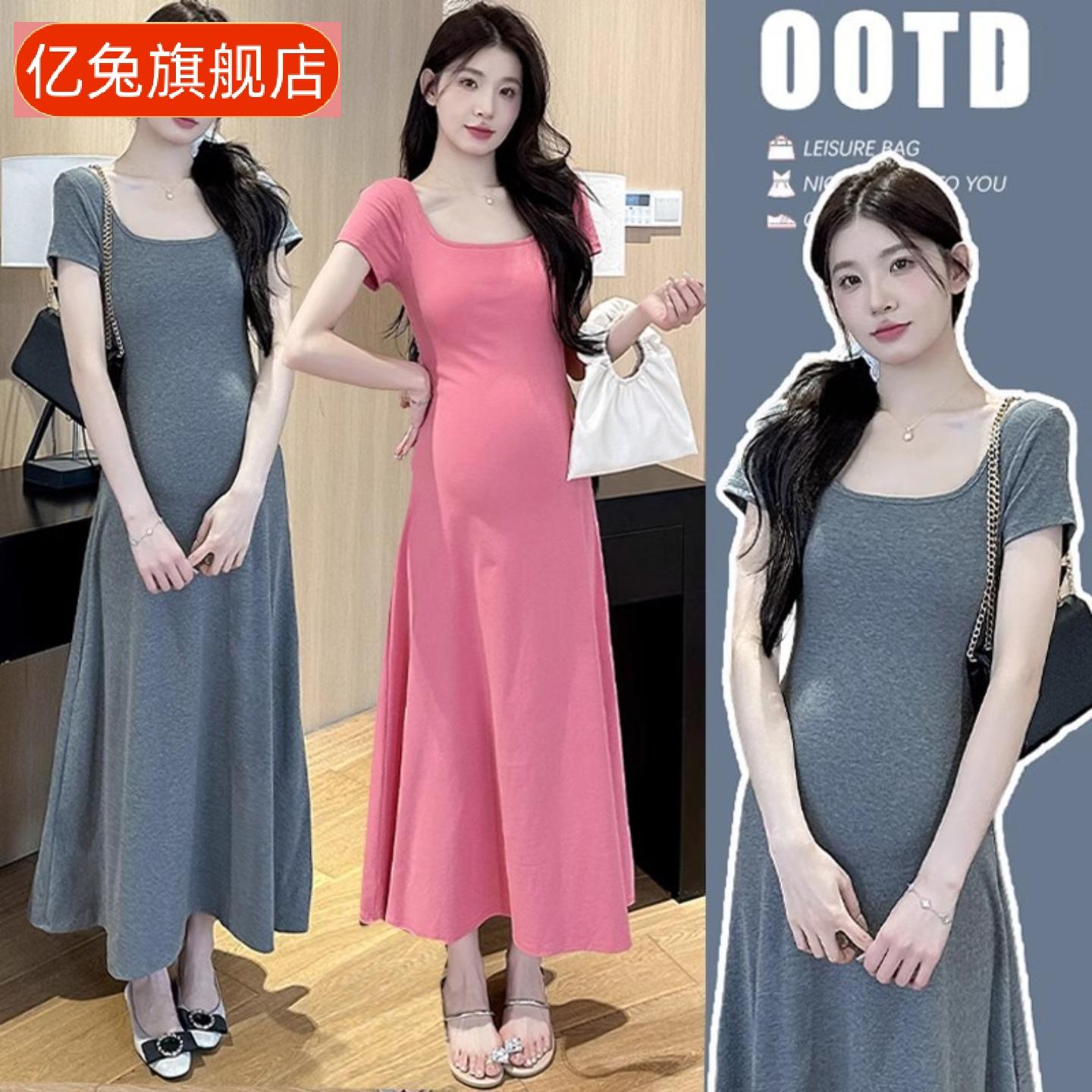 孕妇夏季新款弹力修身法式方领女