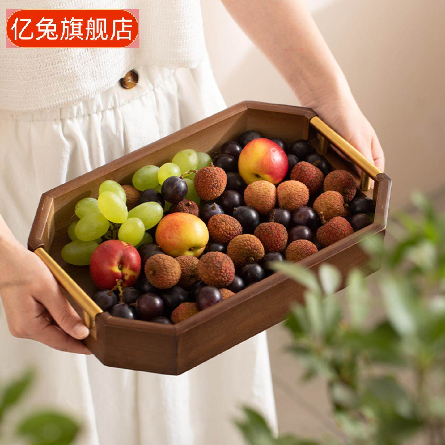 新中式搽色竹质金属八角提手茶盘