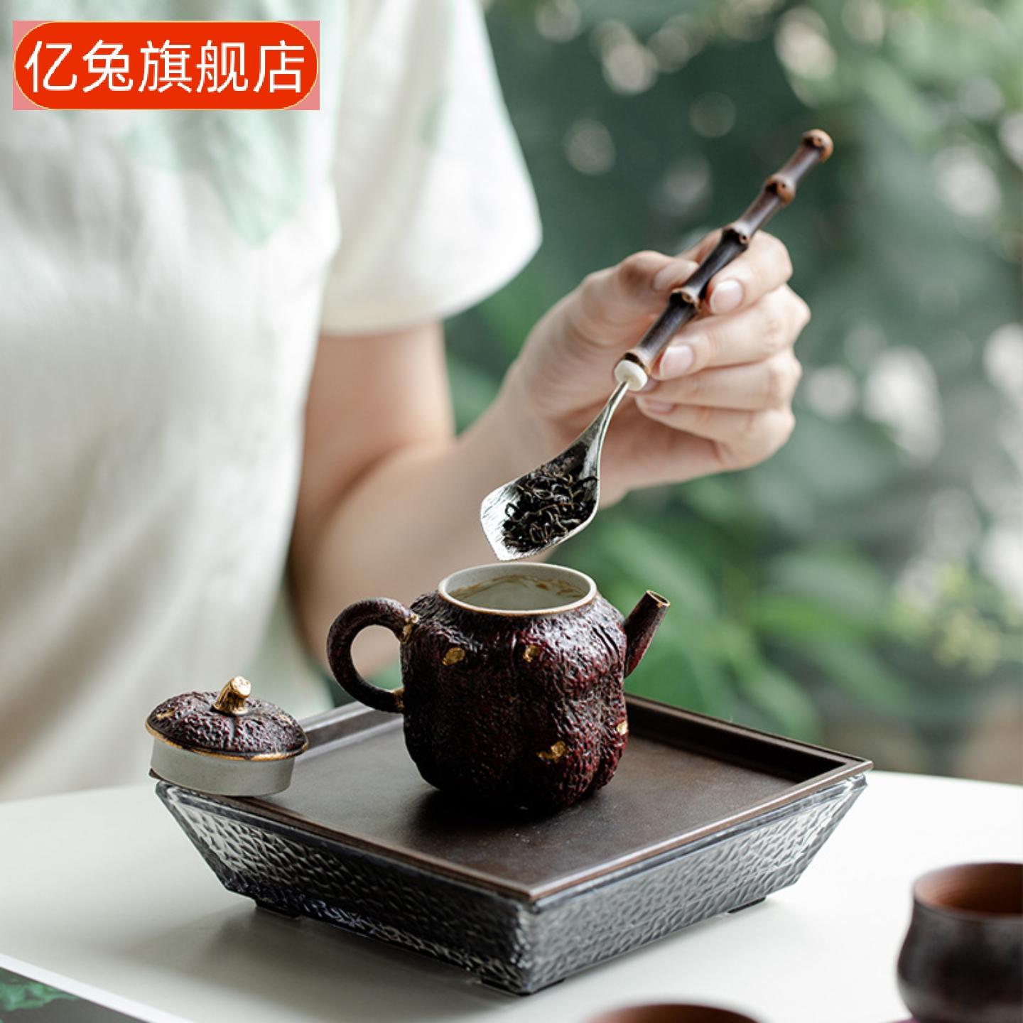 手工天然竹柄茶叶勺复古茶拨茶具