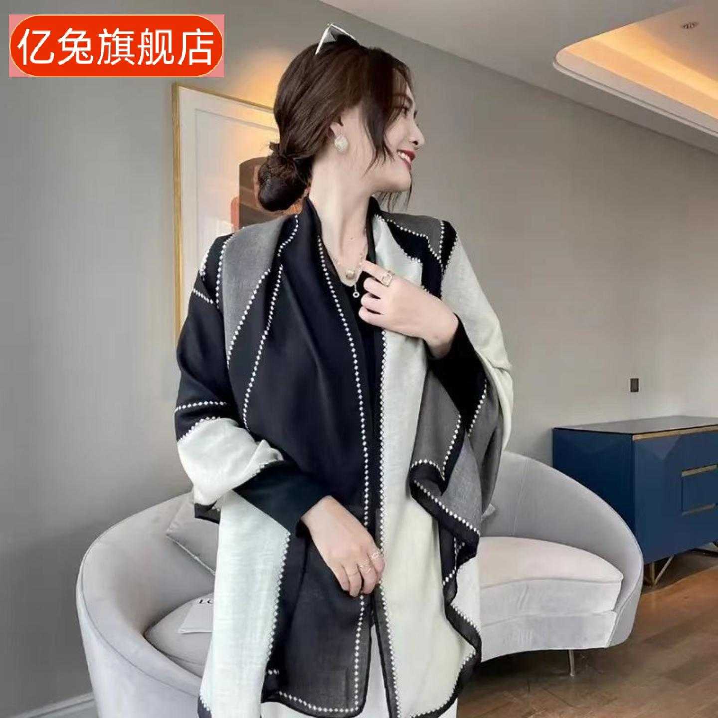 外棉麻丝巾春夏围巾搭女印花简约纱巾拼色防晒小黑白披肩遮阳