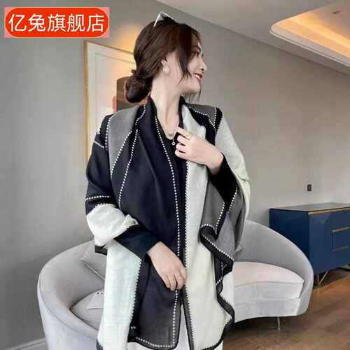 外棉麻丝巾春夏围巾搭女印花简约纱巾拼色防晒小黑白披肩遮阳