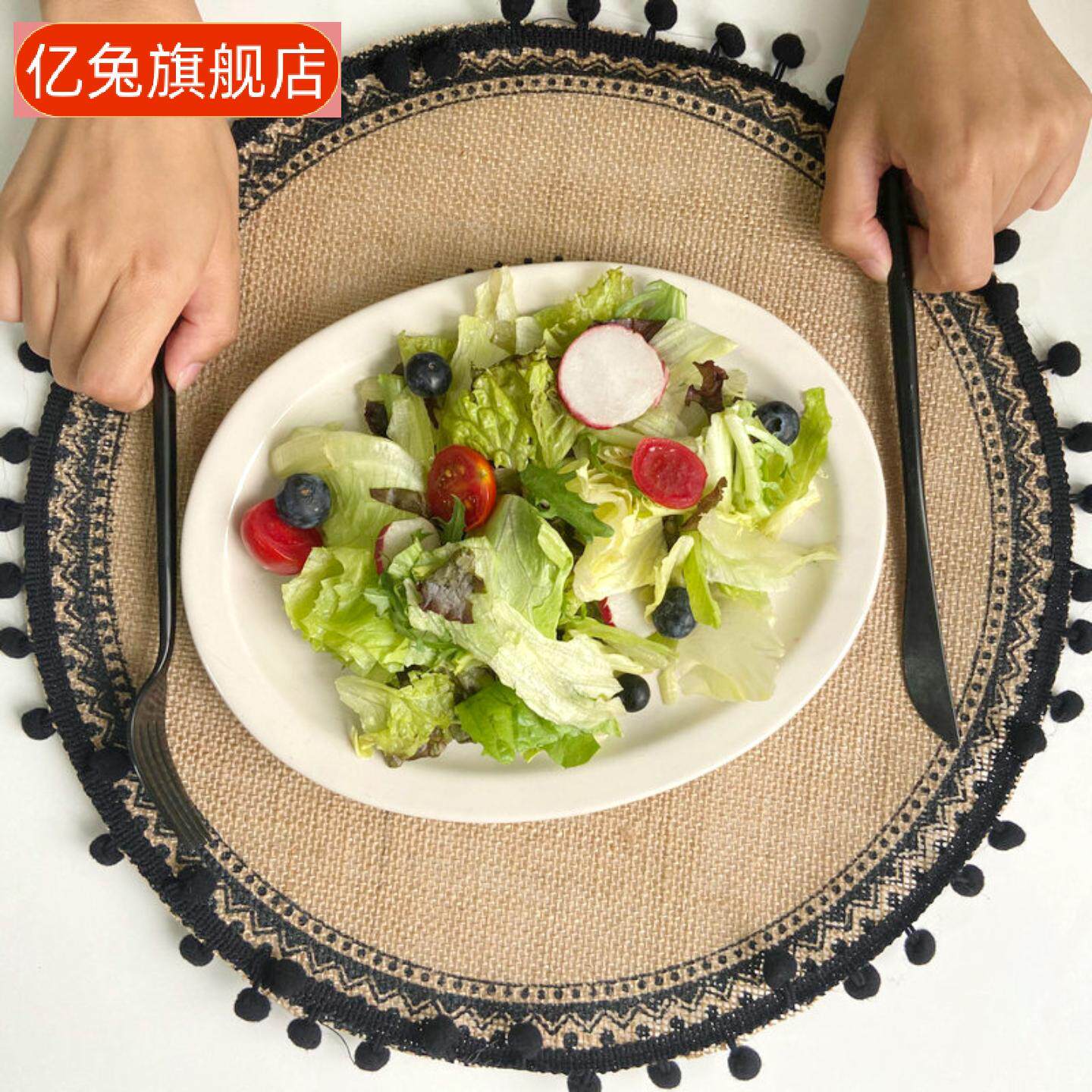 风简约黄麻编织圆形餐具垫复古+