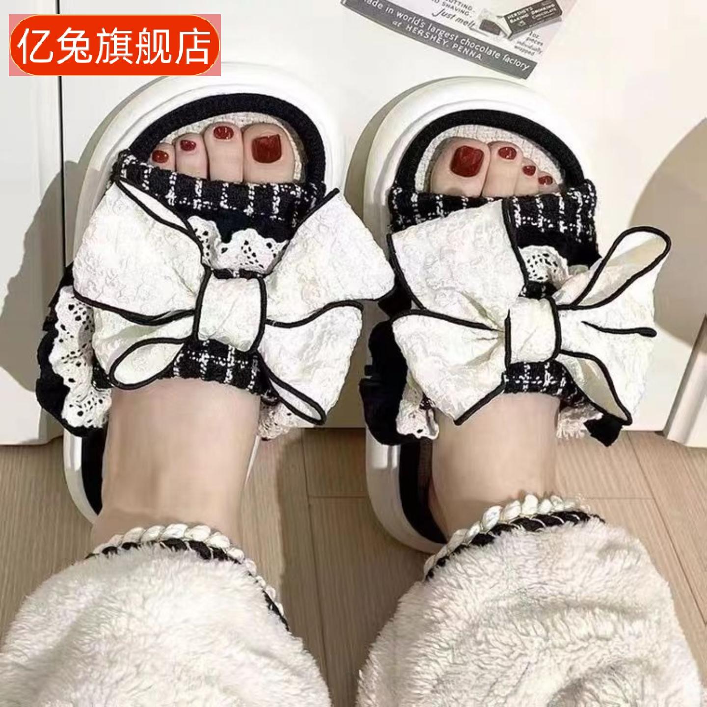 韩版小香风结亚麻拖鞋可爱网红