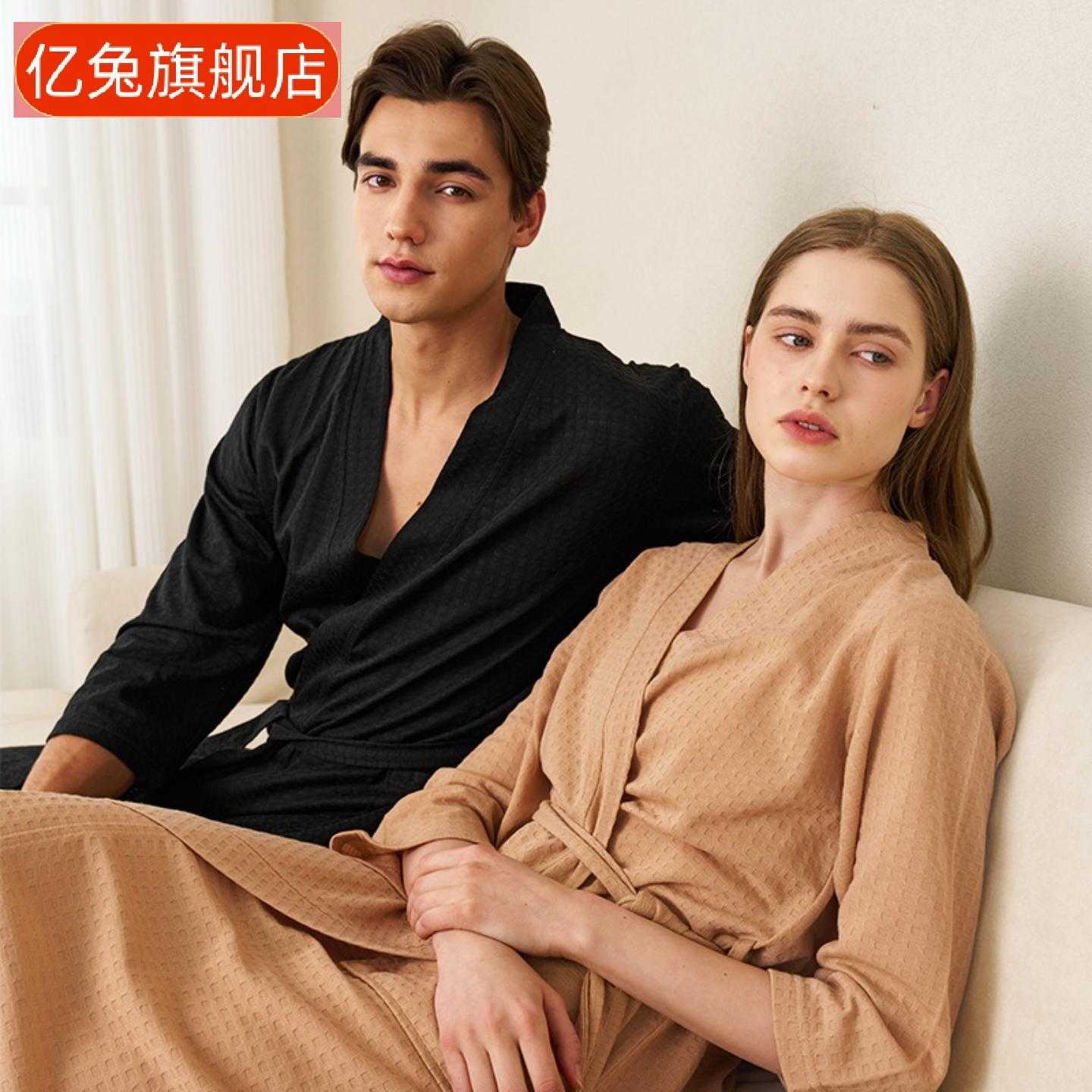 春夏季浴袍女薄款华夫格情侣睡袍男女士夏天七分袖韩版浴衣吸水