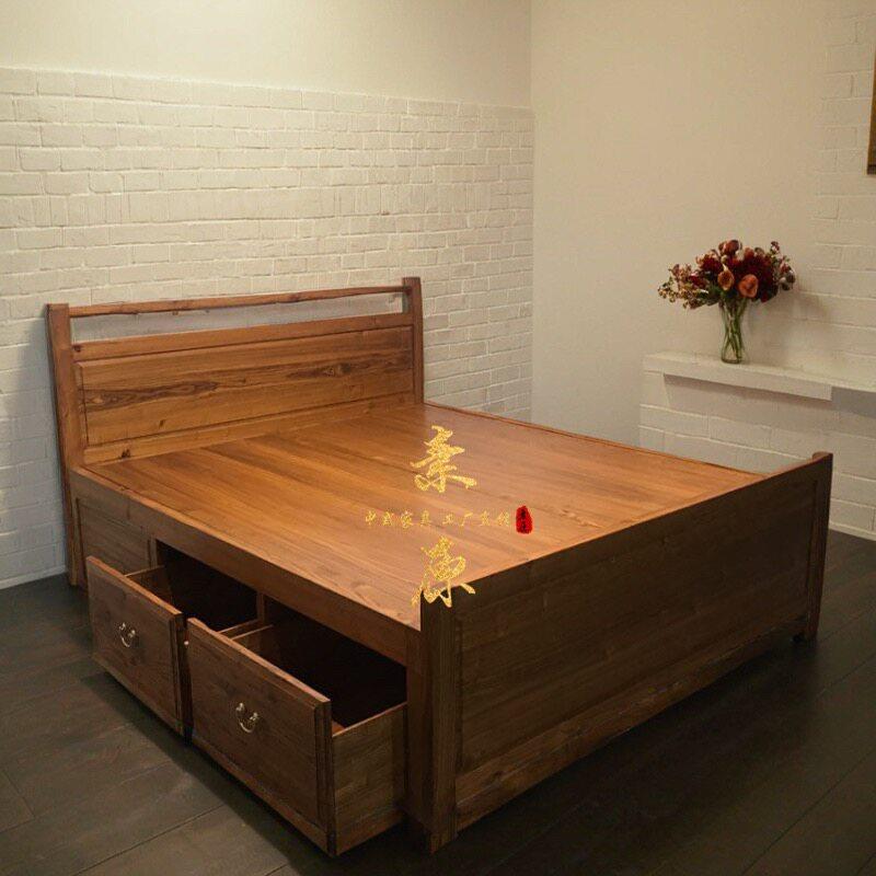 简约现代新中式全实木平板床抽屉床榆木围板床储物床硬板床双人床