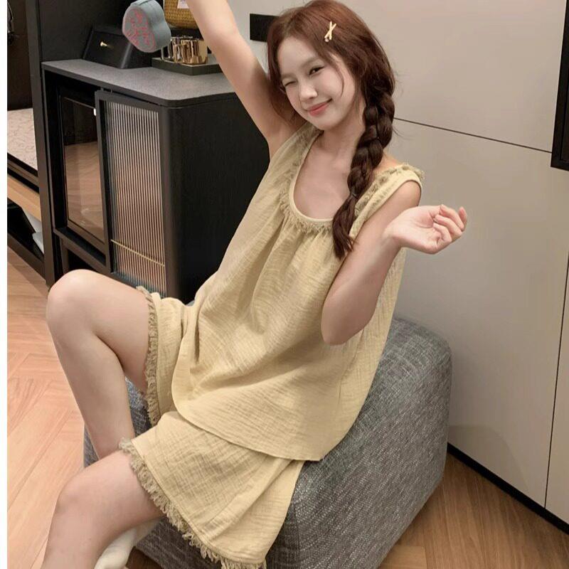 日系简约纯色婴儿棉纱睡衣女夏季背心短裤小流苏棉麻家居服套装夏