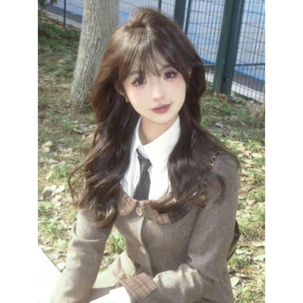 假发妇女长发,自然圆脸,充分的发带,大波浪长卷发,中长发,模