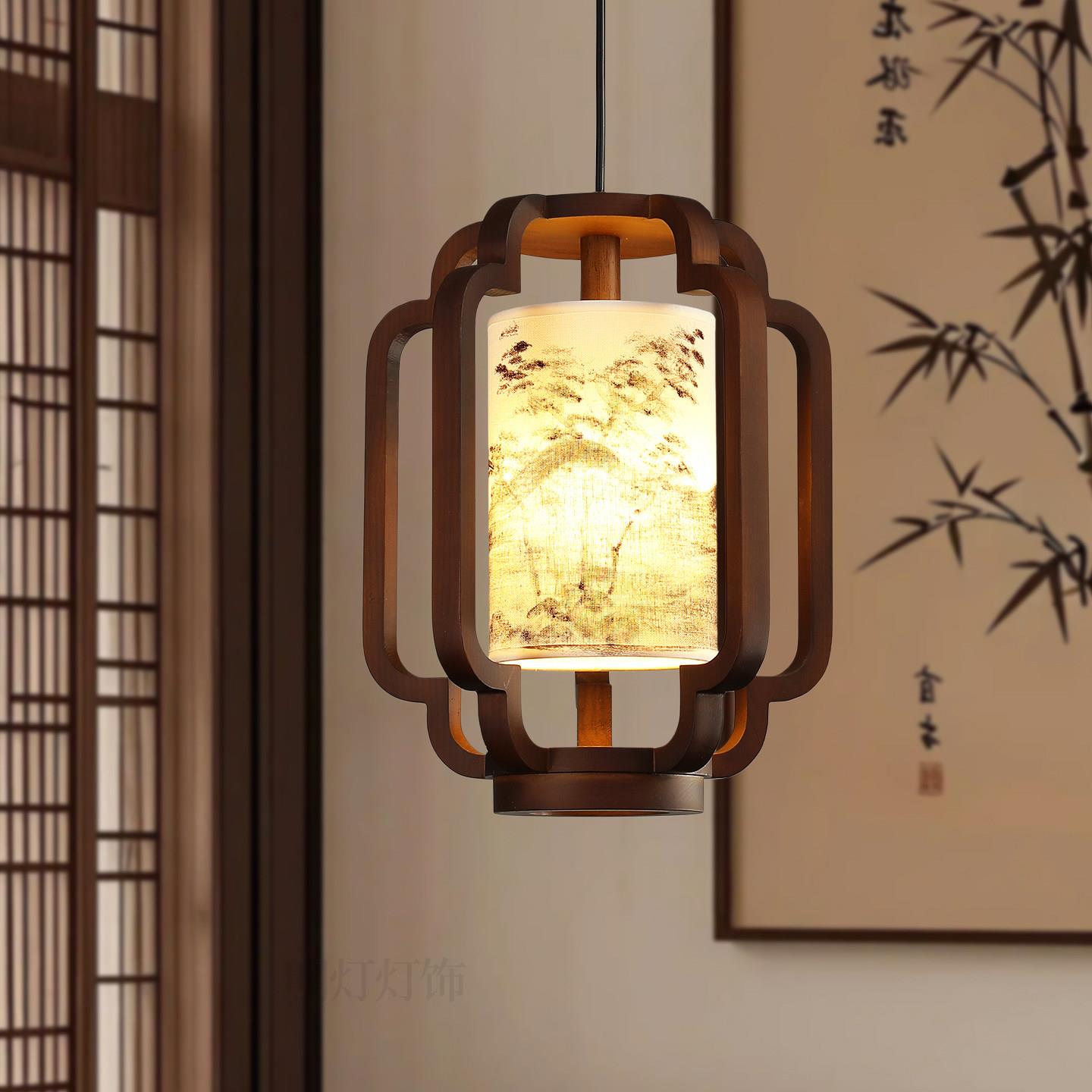 新中式木质吊灯玄关饭厅手绘布艺灯罩LED光源古典茶室楼梯吊灯具