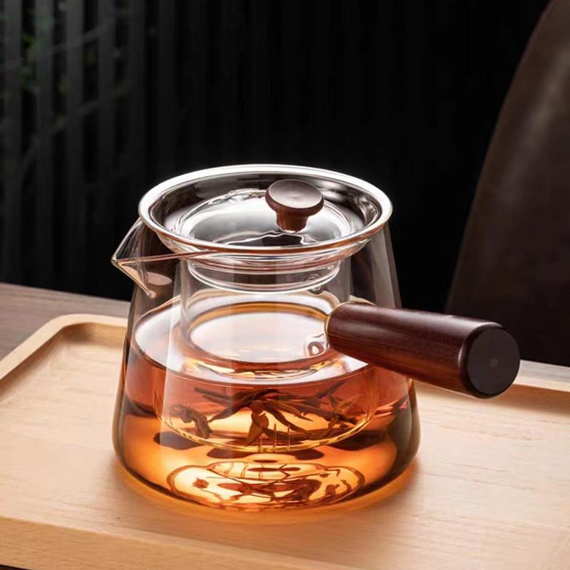 E7tik轻奢高硼硅玻璃泡茶壶加厚耐高温侧把壶围炉煮茶木把煮茶壶