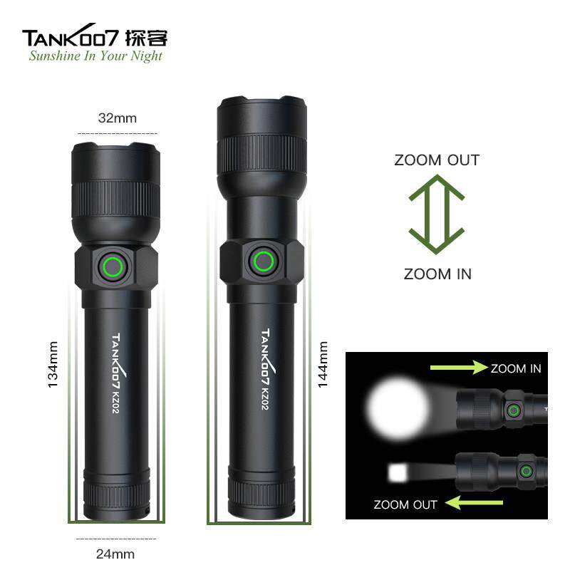 TANK007伸缩调焦18650充电C口USB直充KZ02户外无极调光强光手电筒
