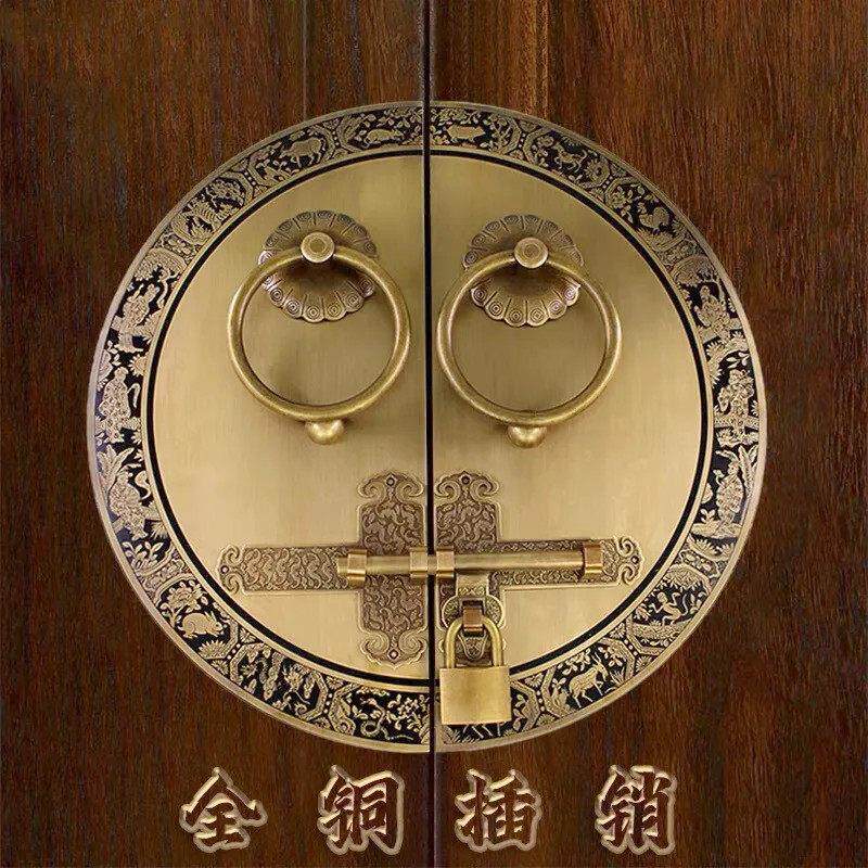 中式明插销纯铜门栓双开门锁扣木门铜插销复古实木大门圆形铜拉环