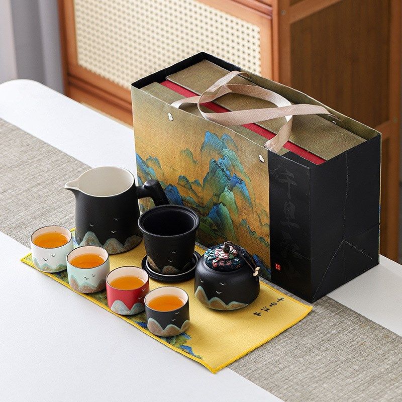 千里江山茶具礼盒套装全套家用茶壶茶杯陶瓷功夫茶具商务活动礼品,餐饮具,旅行茶具,淘宝优惠券,粉丝福利购,淘宝优惠卷