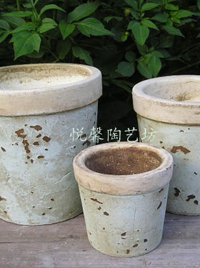 欧式粗陶花盆 地中海风格陶艺花器 浅蓝色做旧复古陶盆
